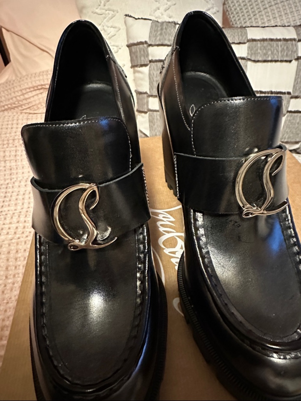 Christian Louboutin Moc Lug Alta 100 Black Leather Platform Loafers Size 38.5 - Picture 8 of 12